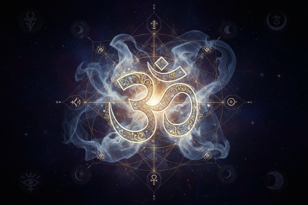 OM mantra simbolo al centro dell'immagine e colori scuri ed esoterici da sfondo