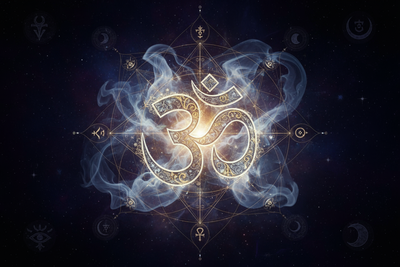 OM mantra simbolo al centro dell'immagine e colori scuri ed esoterici da sfondo